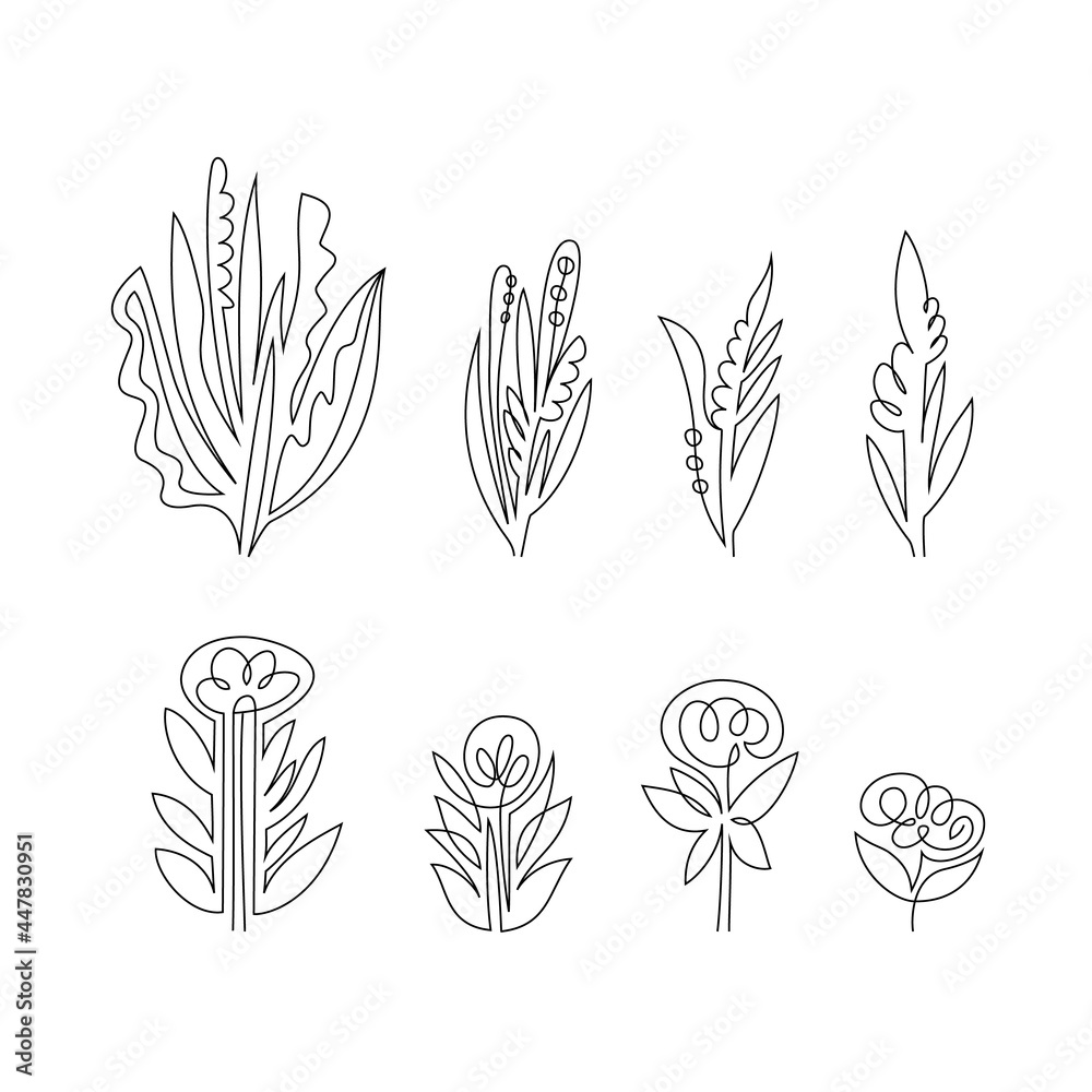 Fototapeta premium Vector Set of Hand Drawn Line Art Botanical Elements, Leaves, Flowers. Minimalist Trendy Contemporary Design Perfect for Wall Art, Prints, Social Media, Posters, Invitations, Branding Design