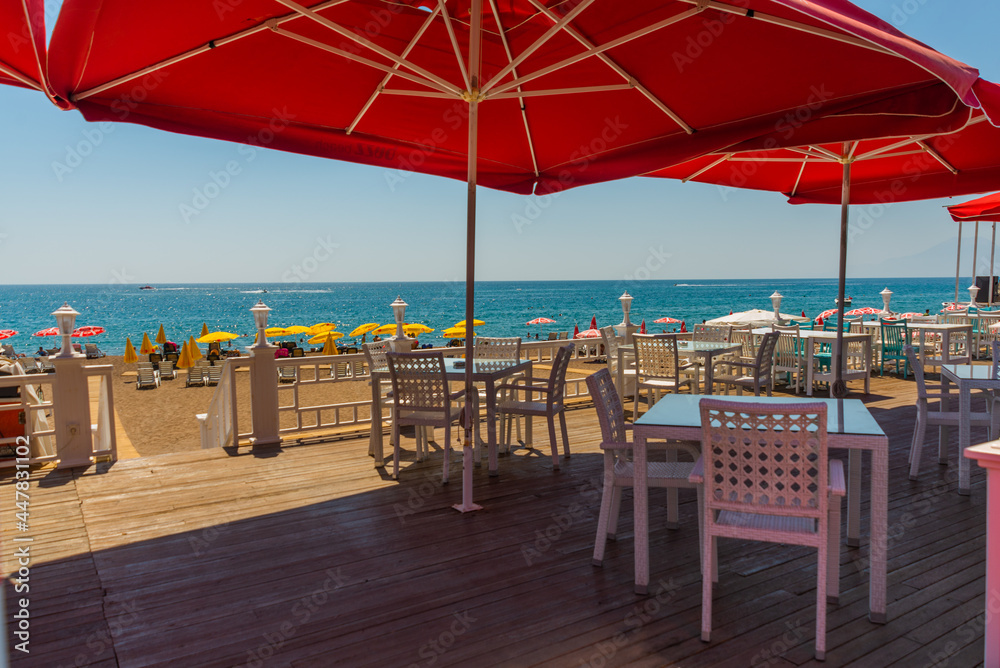 ANTALYA, TURKEY: Cafe on the territory of Lara beach on a sunny summer day in Antalya.