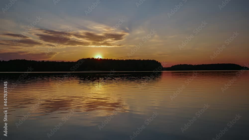Sunset Over Lake Time Lapse. Colorful Sunset Sky. Lake Wdzydze, Kashubia,Poland