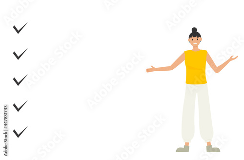 Vector illustration of a woman complaining about her plight, distress, with copy space available.