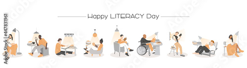 Happy Literacy Day card. Young boys and girls reading. Flat vector illustration.