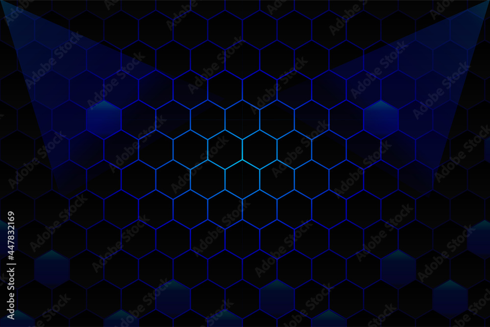 Abstract black hexagon pattern on blue neon background technology style. Honeycomb. Dark hexagon wallpaper or background.