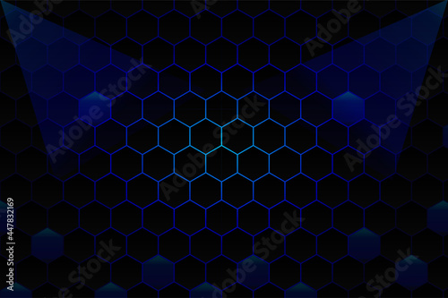 Abstract black hexagon pattern on blue neon background technology style. Honeycomb. Dark hexagon wallpaper or background. © BAFIX Design