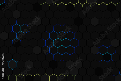 Fototapeta Naklejka Na Ścianę i Meble -  Abstract black hexagon pattern on neon background technology style. Honeycomb. Dark hexagon wallpaper or background.