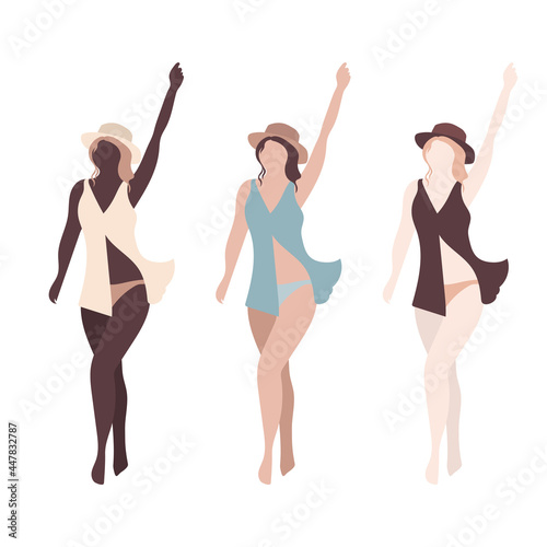 Three women with different skin colors. Girls in hats, sea mood, abstract illustration in brown tones. Promotion fashion banner