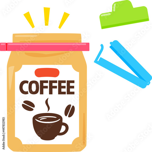 袋用クリップとクリップでとめたコーヒー豆の袋