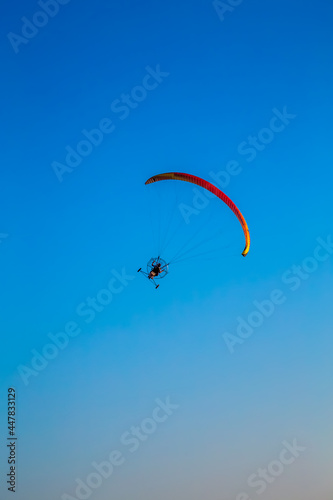 paraglider flying with paramotor on air on evening against the blue sky