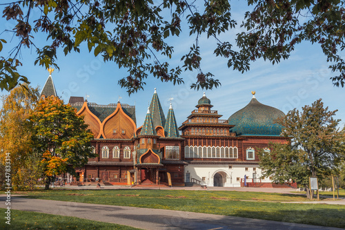 Wooden palace of Tsar Alexei Mikhailovich in Kolomenskoye park on autumn. Moscow. Russia