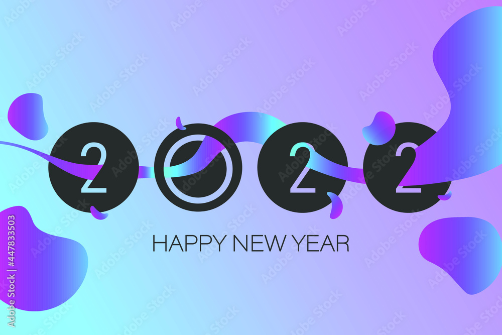 2022 Happy New Year logo text in modern style. Neon curved wavy line with elements. Modern template illustration on black background. Vector EPS 10.