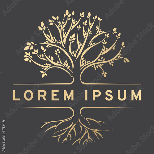 Tree with roots icon. Gold design element. Vector illustration with place for your text