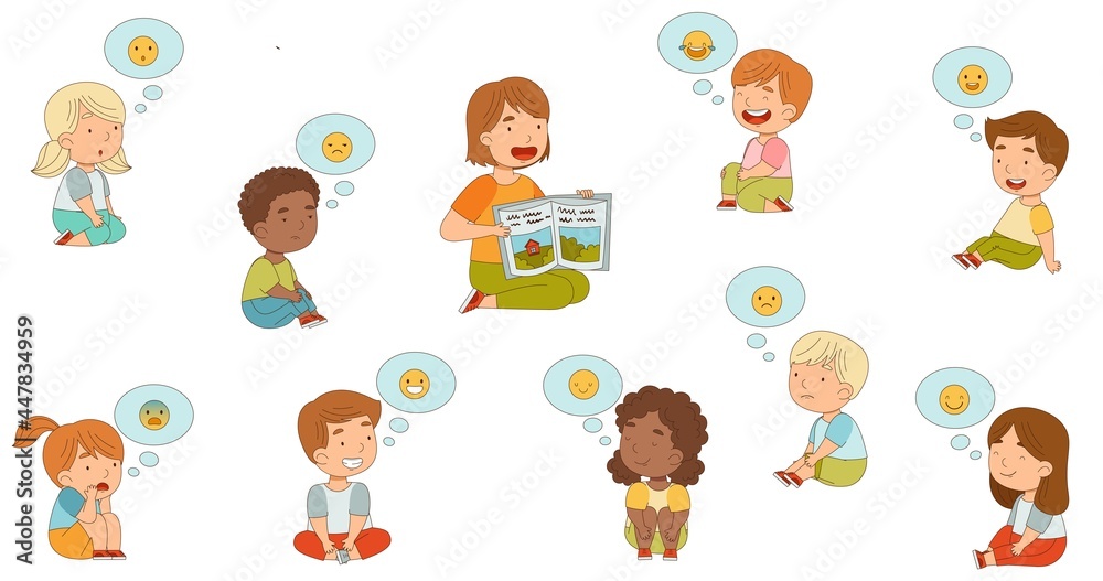Woman Sitting and Reading Children Fairytale with Kids Expressing Different Emotion Vector Illustration Woman Sitting and Reading Children Fairytale with Kids Expressing Different Emotion Vector Illustration