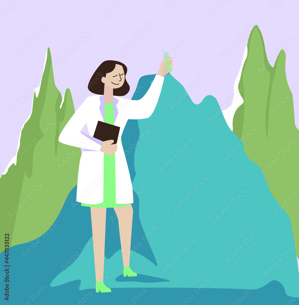 vector illustration. a scientist walks in the mountains. a girl in a dressing gown, a test tube. holm. science, man, discovery