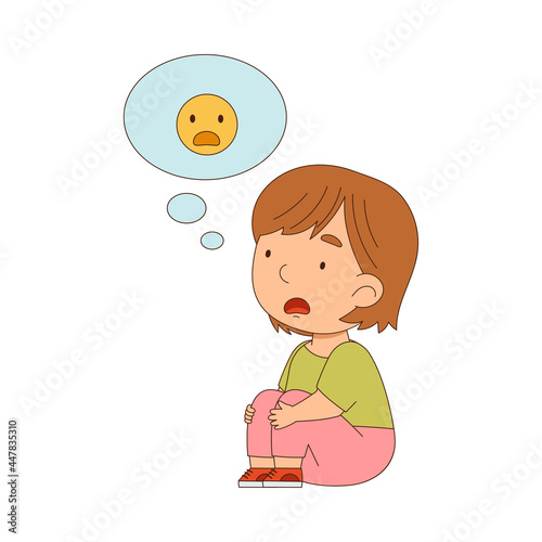 Little Girl Sitting on the Floor with Emoji Face in Bubble Vector Illustration