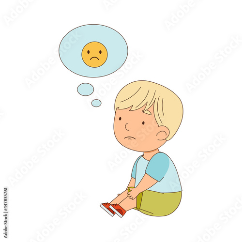 Little Blond Boy Sitting on the Floor with Emoji Face in Bubble Vector Illustration