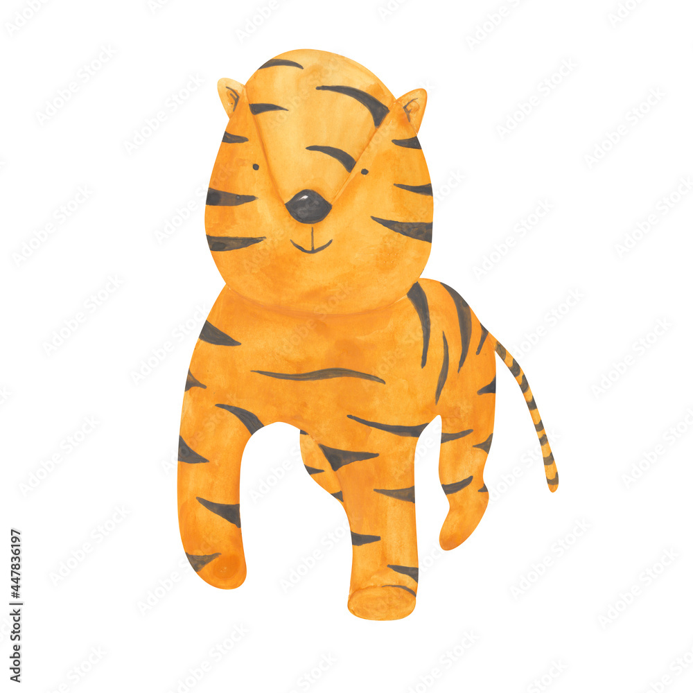 Watercolor tiger isolated on a white background. A hand-drawn cub of a tiger is walking. African animal clipart. Cute safari animal illustration. Zoo print. Wildlife object in cartoon style.