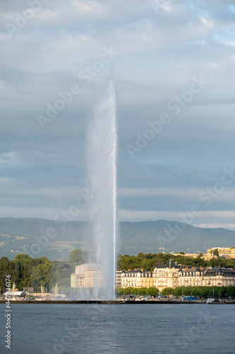view of the lake of geneva and the water jet in Geneva, Switzerland