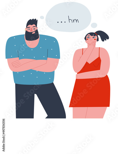 A man and a woman are standing next to each other and thinking about something. Flat vector illustration