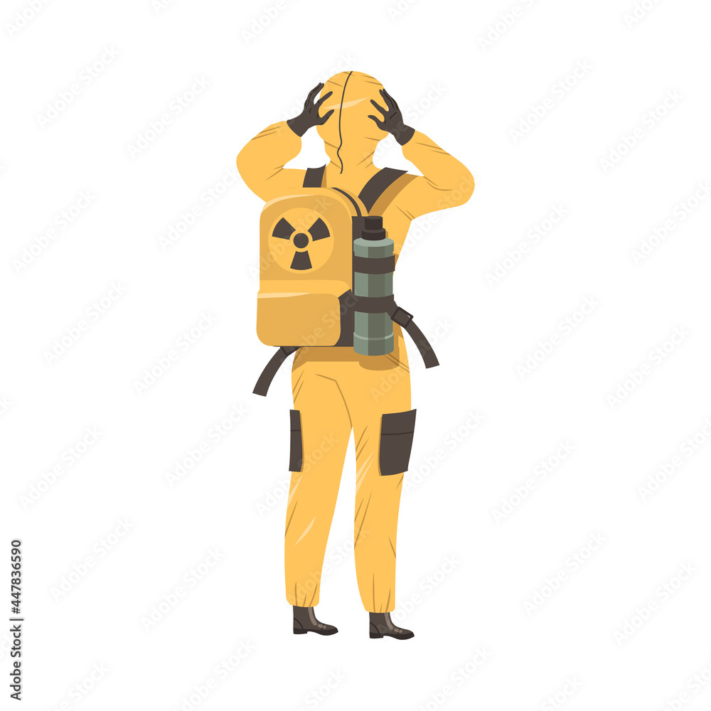 Young Man in Protective Suit Standing Back View Vector Illustration