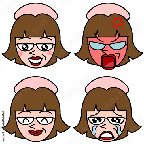 看護師　ナース　表情　喜怒哀楽　おもしろい　イラスト素材セット