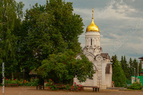 Picturesque white stone chapel in Pavlovskaya Sloboda, Russia photo