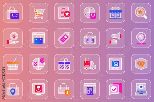 Commerce web glassmorphic icons set. Pack outline pictograms of online shopping, payment, megaphone, discount sales, delivery service, quality, protection, retail and other. Vector line glass symbols