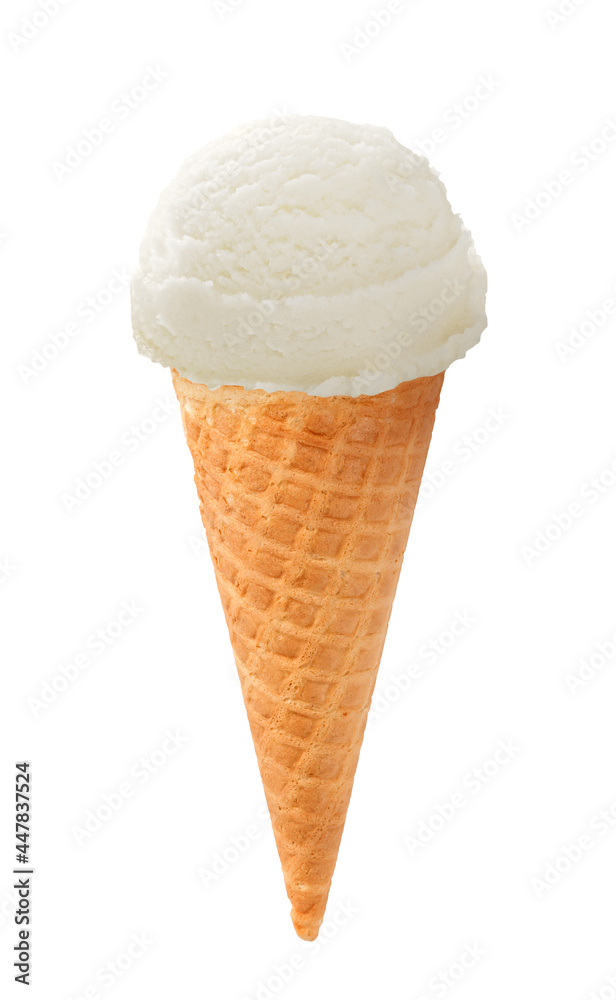 A scoop of white ice cream in a waffle cone isolated. Ice cream on white background. Perfect image of ice cream for package design. A scoop of white ice cream in a waffle cone isolated. Ice cream on white background. Perfect image of ice cream for package design.