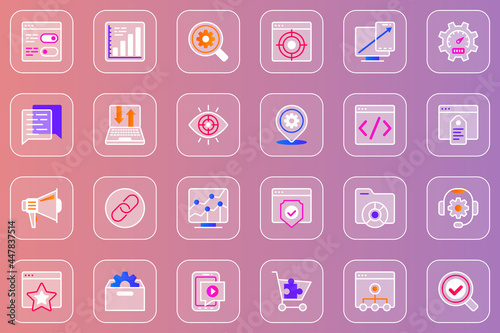 SEO optimization web glassmorphic icons set. Pack outline pictograms of data analysis, search machine, target, speed, settings, link, tech support, development and other. Vector line glass symbols