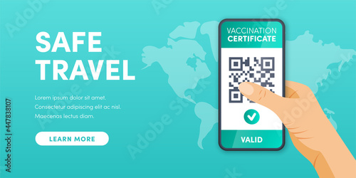 Electronic valid Covid-19 Vaccination certificate QR code on smartphone screen vector concept. Green immunity passport on mobile phone. Health pass app for safe travel