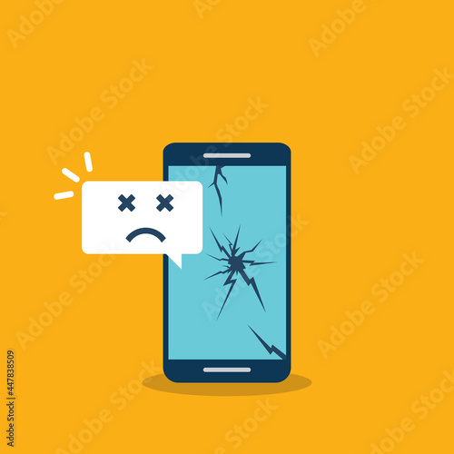 Broken smartphone with sad smile. Broken phone service, recovery and repair concept.	
