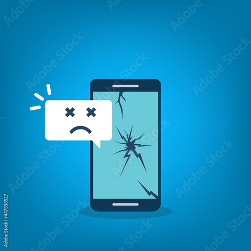 Broken smartphone with sad smile. Broken phone service, recovery and repair concept.	