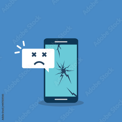 Broken smartphone with sad smile. Broken phone service, recovery and repair concept.	