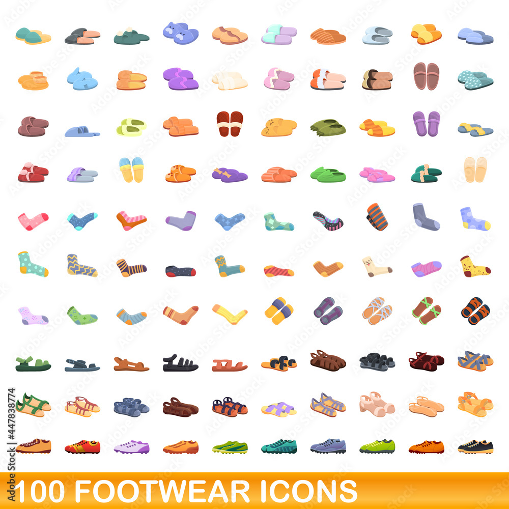 100 footwear icons set. Cartoon illustration of 100 footwear icons vector set isolated on white background