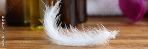 White feather lying on table near cosmetics closeup
