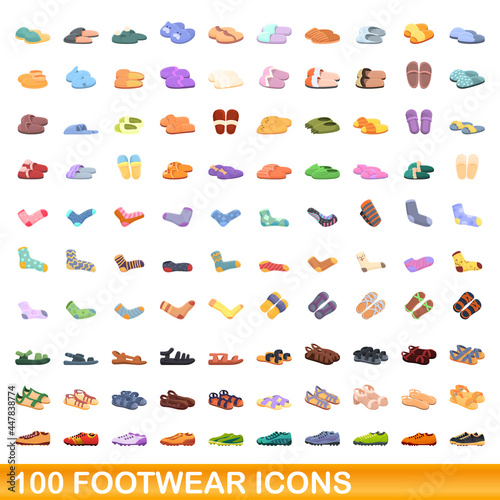 100 footwear icons set. Cartoon illustration of 100 footwear icons vector set isolated on white background © nsit0108