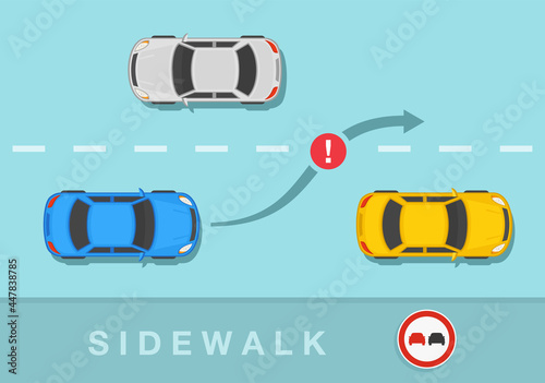 Driving a car. Blue sedan car is about to change the position on two lane road. No overtaking or do not pass road or traffic sign rule. Flat vector illustration.