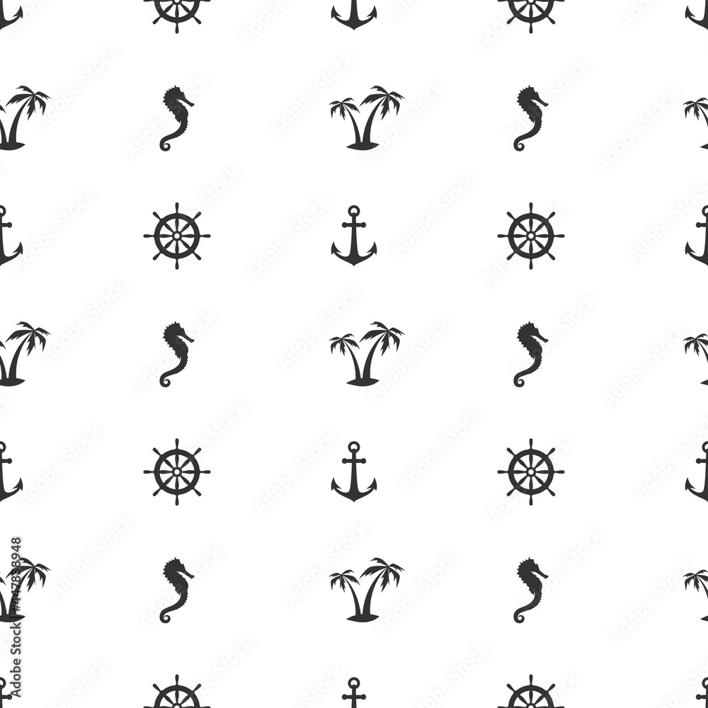 Nautical seamless pattern with palms, anchors and dolphins on white. Tropical holiday ornament. Nautical seamless pattern with palms, anchors and dolphins on white. Tropical holiday ornament.