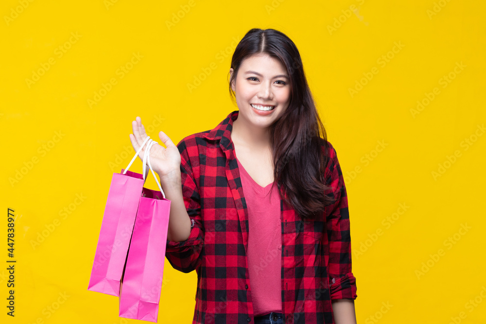 Asian woman holding shopping bags. Beautiful charming woman with many shopping bags brand name product that shop has discount. Pretty girl holds shopping bags on yellow background. Copy space. Asian woman holding shopping bags. Beautiful charming woman with many shopping bags brand name product that shop has discount. Pretty girl holds shopping bags on yellow background. Copy space.
