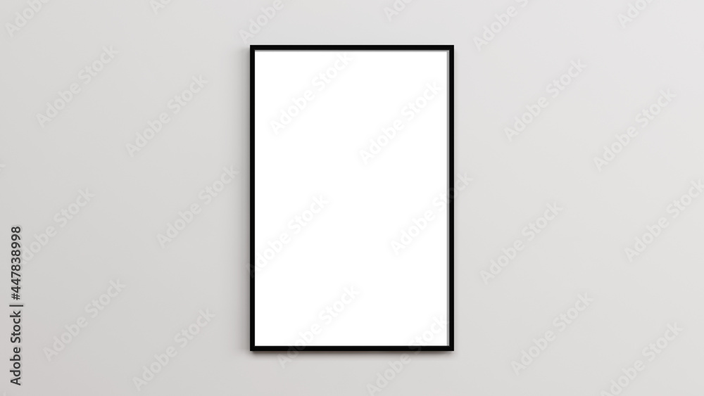 Black mockup frame. Vertical mockup of a black picture frame. Single black empty mockup frame hanging on a white wall. 3d illustration.	