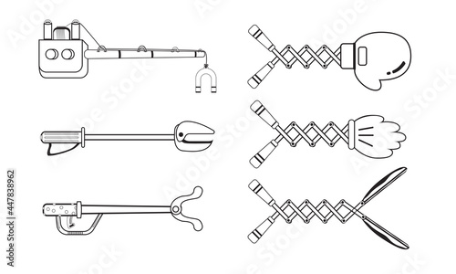 boxing glove on an extendable scissor arm and Hand Glove On Extending Arm Gag Icon stroke.tool claw funny toy.Magnetic lifting vector. Icon robotic Arm illustration.