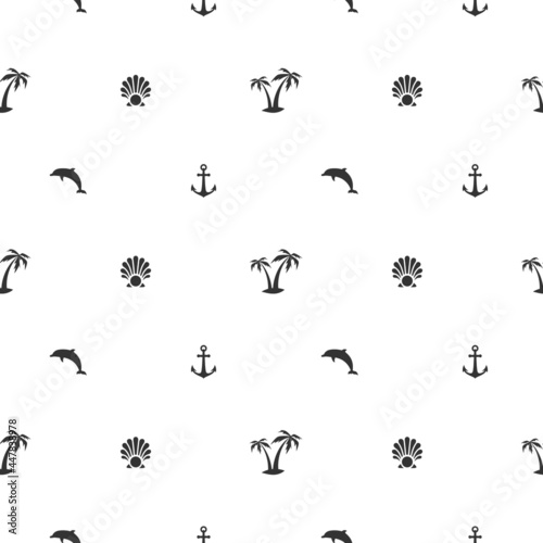 Nautical seamless pattern with palms, anchors and dolphins on white. Tropical holiday ornament. © Ne Mariya