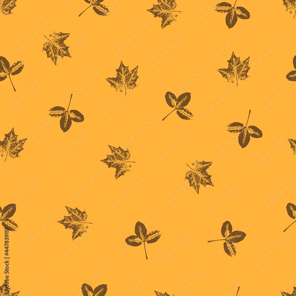  seamless pattern with delicate leaves on a mustard yellow background. Vector grunge leaf print. Printing on fabric, wallpaper, packaging, stylization under a stamp or an imprint of summer leaves;