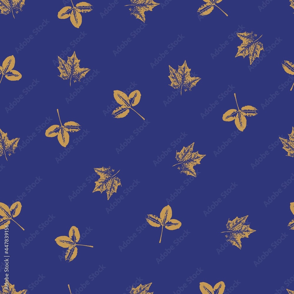 seamless pattern with yellow leaves on a blue saturated background. Vector grunge leaf print. Printing on fabric, wallpaper, packaging, stylization under a stamp or an imprint of summer leaves; 