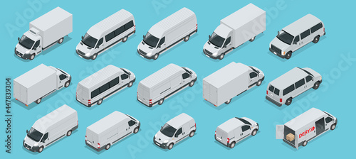 Isometric Logistics icons set of different transportation distribution vehicles, delivery elements. Cargo transport isolated on white background. Cargo Truck and Van