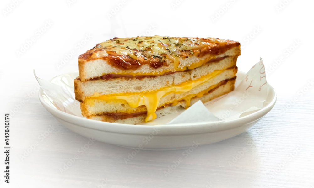Bacon Cheese Sandwich in White Plate and clipping path Bacon Cheese Sandwich in White Plate and clipping path