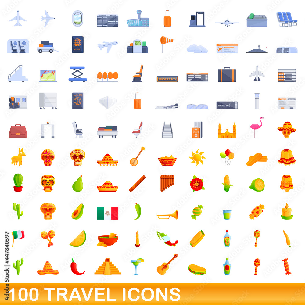 Fototapeta premium 100 travel icons set. Cartoon illustration of 100 travel icons vector set isolated on white background