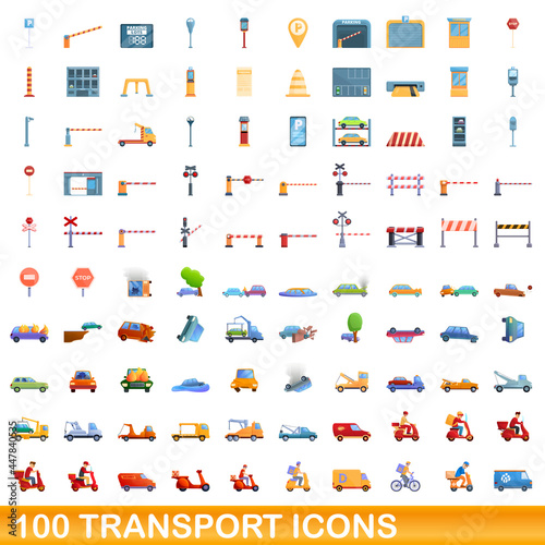 100 transport icons set. Cartoon illustration of 100 transport icons vector set isolated on white background