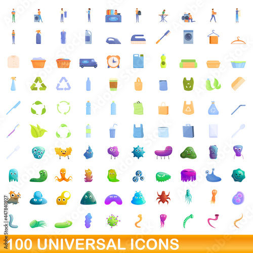 100 universal icons set. Cartoon illustration of 100 universal icons vector set isolated on white background