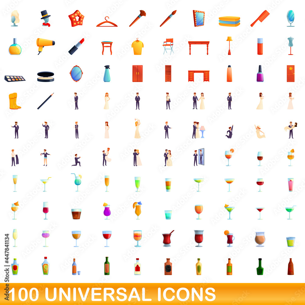 100 universal icons set. Cartoon illustration of 100 universal icons vector set isolated on white background 100 universal icons set. Cartoon illustration of 100 universal icons vector set isolated on white background