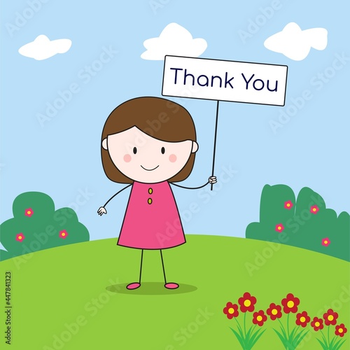 Cute Girl Holding Thank you banner. Perfect for Children book illustration, game assets, 