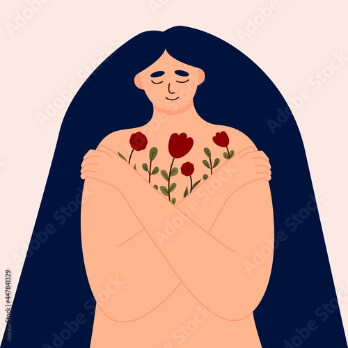 Young woman lovingly hugs herself and her body. Love yourself and overcome personal and psychological problems. Self love and self confidence and care. Mental health, confidence. Vector illustration.